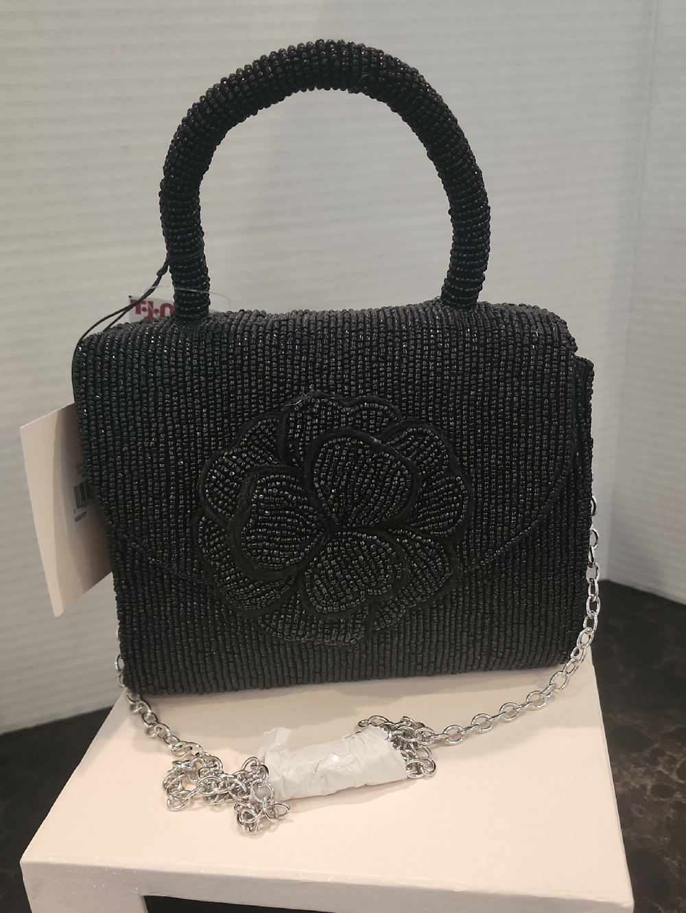Rachel Zoe Black Beaded Floral Top-Handle Clutch. With Crossbody Chain